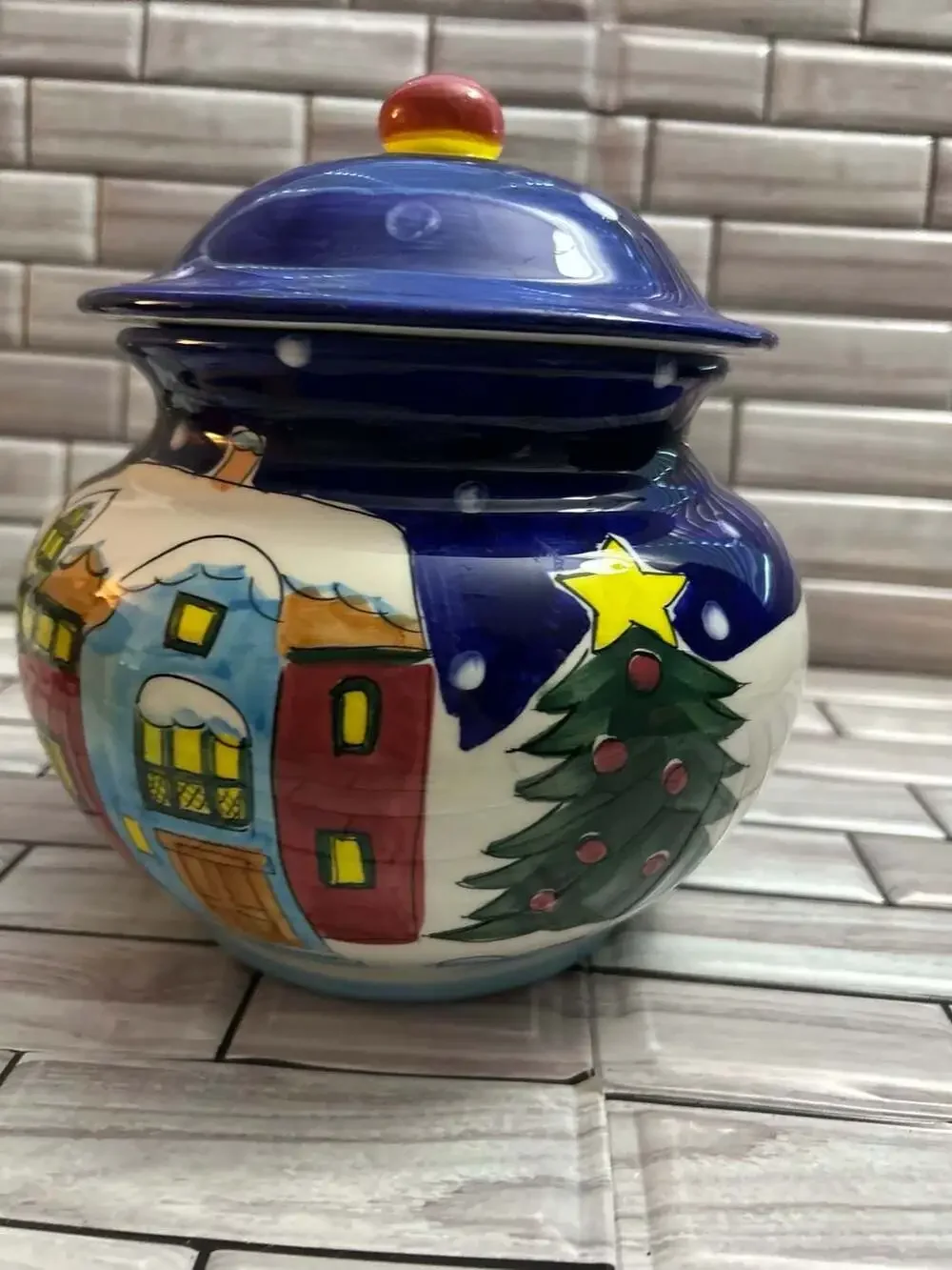 VINTAGE Hand-Painted Ceramic Christmas Village & Trees Canister Jar with Lid